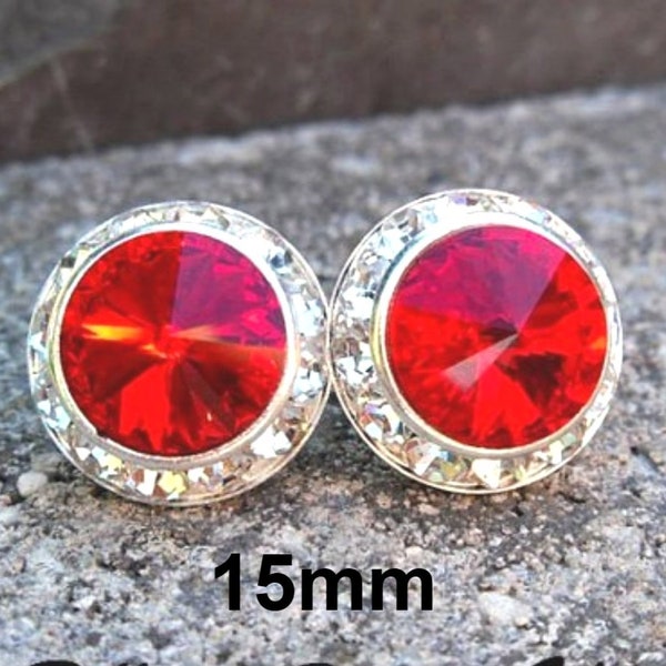 Light Siam Halo Earrings, 15mm Red and Silver Surrounds Studs, Large Bright Red rhinestone Studs