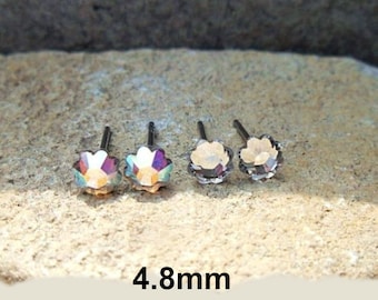 2 Pair 4.8mm Aurore Boreale and Crystal Color Flower Earrings, Flat Back Flower Stud Set, Tiny Earring Set