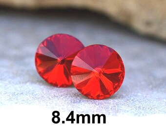 Light Siam Rivoli Rhinestone Earrings, Bright Red Crystal Studs, 8.4mm Stud Earrings,Red Rivoli Studs