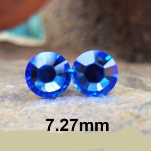 Sapphire 7.27mm Flat back Rhinestone Stud Earrings, Handcrafted September Birthstone Crystal Studs