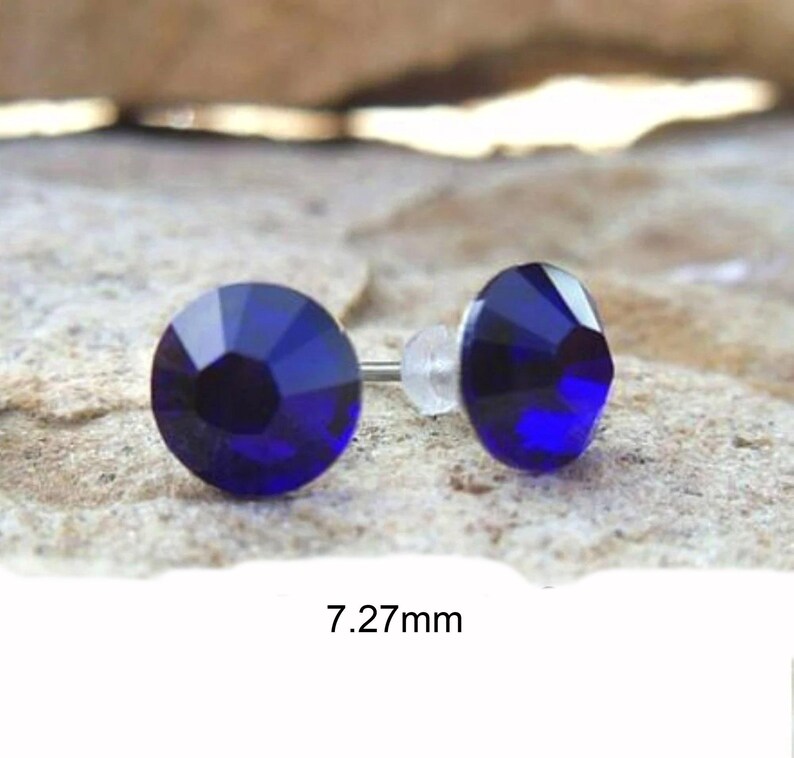Cobalt Blue Flat Back Stud Earrings, 7.27mm Cobalt Crystal Studs, Surgical Steel Earrings immagine 2