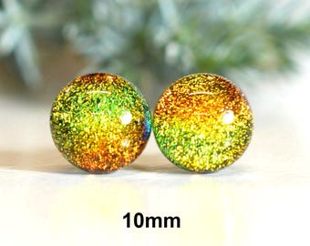 orange, yellow, Green fused glass studs, 10mm rainbow dichroic glass studs, #2018