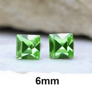 6mm Peridot Studs, Green Square Rhinestone Earrings, Green Crystal Studs, Handmade Studs, Small Square Studs