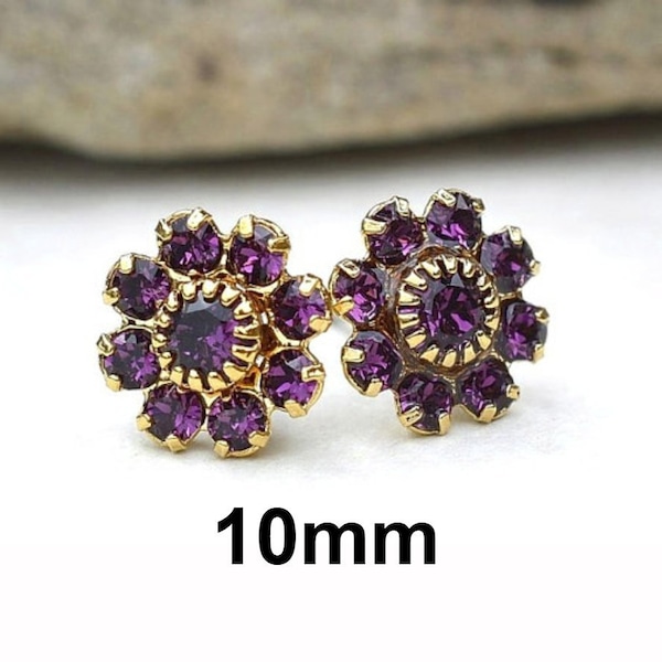 Amethyst and Gold Studs, 10mm Purple Studs, Rhinestone Cluster Earrings, Crystal Clusters, Birthstone Studs