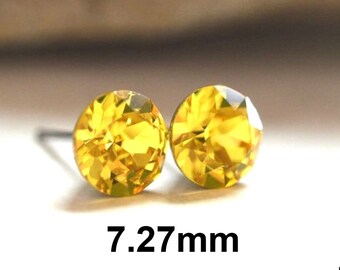 Light Topaz 7.27mm Crystal Studs, Yellow Rhinestone Earrings, Handcrafted using Premium Sparkling Crystals