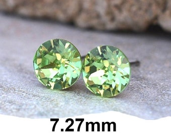 Peridot Earrings, August Birthstone, 7.27mm Rhinestone Stud Earrings, Green Crystal Earrings