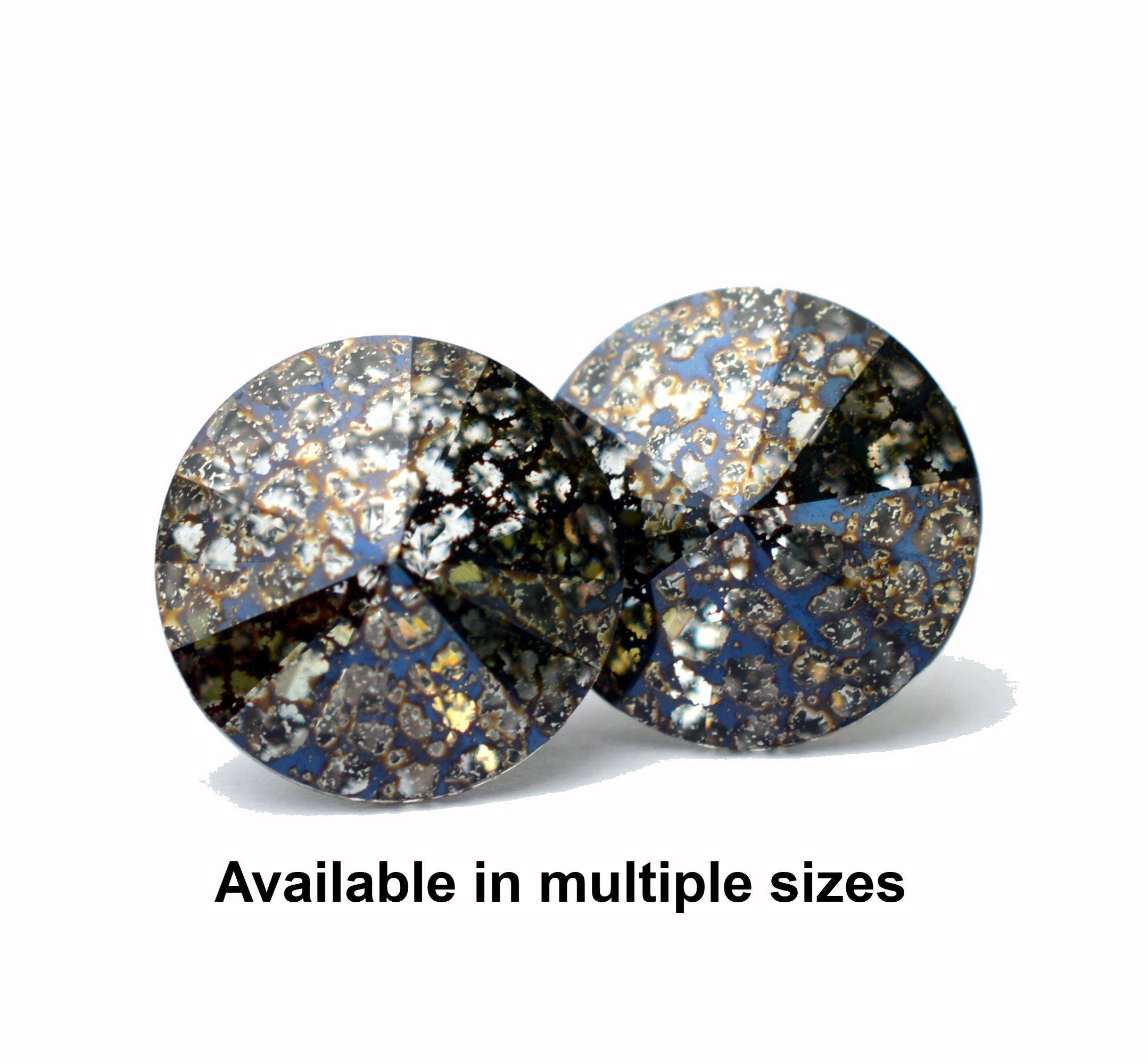 Black Patina Rivoli Rhinestone Stud Earrings, Black Patina Crystal Studs, Large Rivoli Studs