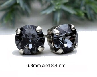 Silver Night Studs, Black Crystal Earrings, Studs in Settings
