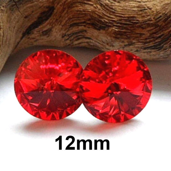 12mm Light Siam Rivoli Stud Earrings, Bright Red Studs, Crystal Earrings, Large Red Rhinestone Studs