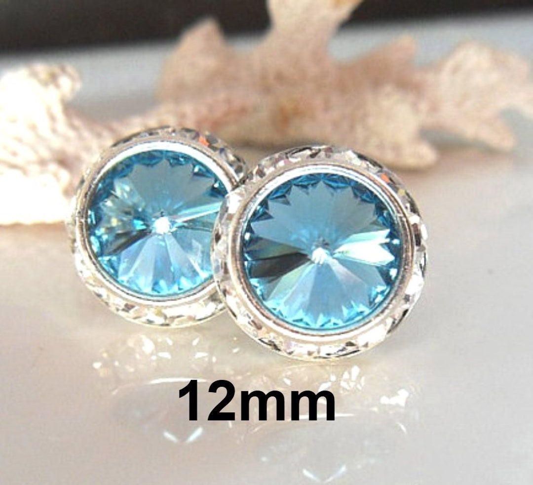 Aquamarine Rhinestone Stud Earrings, Aqua and Silver Crystal Surrounds ...