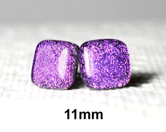 Purple square dichroic studs, 11mm square fused glass earrings, #453