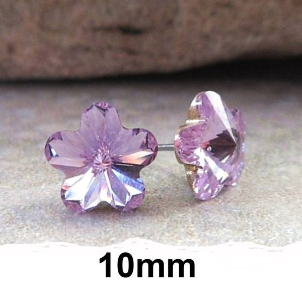 Violet Flower Stud Earrings, 10mm purple studs,  Crystal Studs, Purple Rhinestone Earrings, rostone
