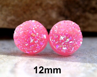 Pendientes AB rosas, tachuelas rosas brillantes, tachuelas druzy rosas, tachuelas druzy falsas, pendientes druzy, tachuelas druzy de imitación, tachuelas druzy de 12 mm