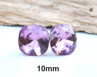 Iris Earrings, Purple Crystal Studs, 10mm Cushion Cut Earrings, Rhinestone Studs, Large Studs, Rhinestone Jewelry