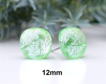 Green and silver Dichroic Glass earrings, 12mm square fused glass studs, handcrafted glass studs, #476