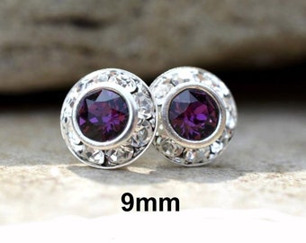 9mm Amethyst and Silver Halo Earrings, Purple Crystal halo Studs, February Birthstone