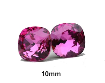 Pendientes de cristal de talla cojín rosa oscuro de 10 mm
