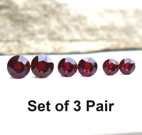 Ruby Earring Set, Red Crystal Stud Earring Set, Rhinestone Earring Set, July Birthstone, 3 Pair, Rostone