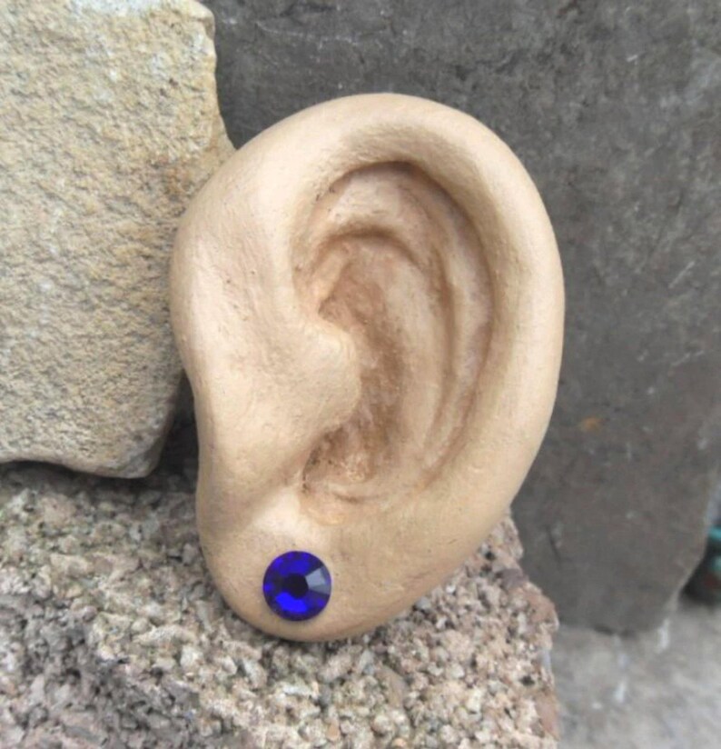 Cobalt Blue Flat Back Stud Earrings, 7.27mm Cobalt Crystal Studs, Surgical Steel Earrings immagine 3