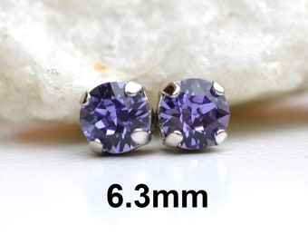 Tanzanite Studs, 6.3mm Earrings, Studs in Settings, Purple Crystal Earrings, Handcrafted with Sparkling Crystals