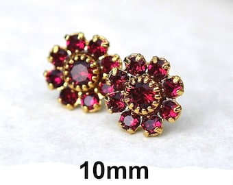 Ruby and Gold Rhinestone Cluster Stud Earrings 10mm Ruby Crystal Cluster Studs, July Birthstone Studs, Crystal and Gold Cluster Studs-