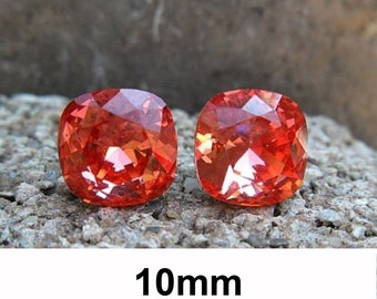 Padparadscha 10mm Studs, watermelon color cushion cut earrings, Rounded Corner Square Rhinestone Stud Earrings, Stud Earrings