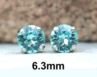 Light Turquoise Studs, 6.3mm Crystal Earrings, Studs in Settings