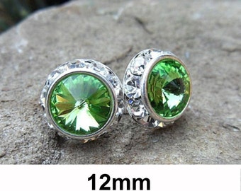 Peridot Halo Studs, Silver Studs, Rivoli Surrounds, Rhinestone Stud, Green Earrings, 12mm Studs, August Birthstone