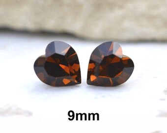 9mm Smoked topaz Heart Rhinestone Stud Earrings, Brown Crystal Heart Studs