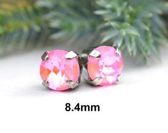 Flamingo Pink Crystal Studs, Pink rhinestone Earrings, 8.4mm Rhinestone Studs, earrings in settings