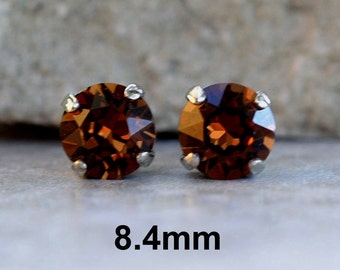 Smoked Topaz Studs, Rhinestone Earrings in settings, 8.4mm studs in Settings, Crystal Studs