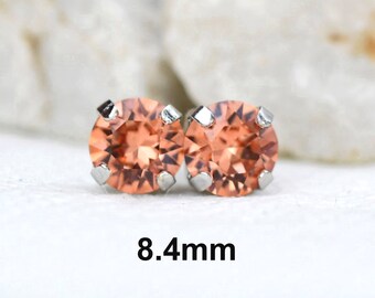 rosaline 8.4mm Stud Earrings, pink rhinestone earrings, crystal  Studs in settings, surgical steel studs