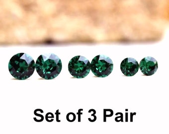 Emerald Earring Set, Green Crystal Stud Set, Rhinestone Earring Set, May Birthstone, 3 Pair, Rostone