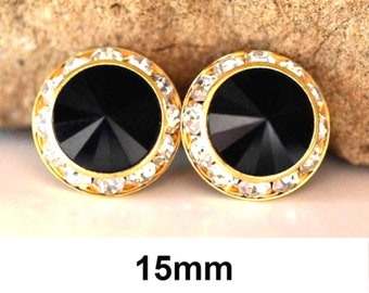 Jet Black & Gold Studs, Black crystal Halo Studs,  15mm Black Crystal Earrings, Large Black Earrings, Flat Back Earrings