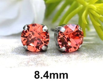 Padparadscha Earrings, 8.4mm Crystal Studs, Rhinestone Earrings in settings, Handmade Studs