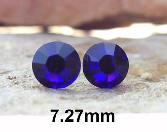 Cobalt Blue Flat back Rhinestone Stud Earrings, 7.27mm Cobalt Crystal Studs, Surgical Steel Earrings