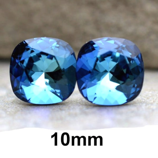 Bermuda Blue cushion cut Studs, 10mm Blue Crystal Earrings, Blue Rhinestone Studs, Rounded Corner Square