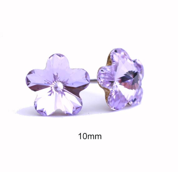 Violet Flower Stud Earrings, 10mm purple studs, Purple crystal earrings