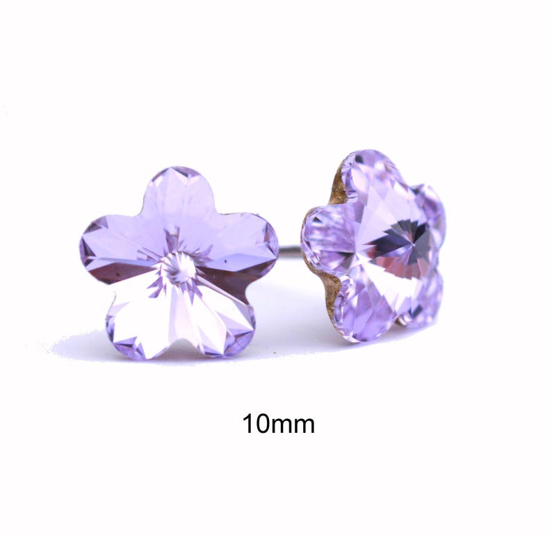 Violet Flower Stud Earrings, 10mm purple studs, Purple crystal earrings immagine 1