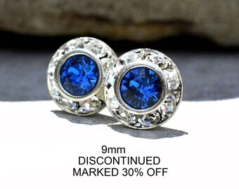 Capri flat back crystal Earrings, 9mm Capri Blue and silver halo Studs