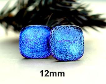 Blue and Pink square fused glass studs, one of a kind earrings, 12mm dichroic glass studs, #448