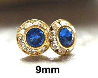 9mm Capri Blue and Gold Rhinestone Earrings, Blue Crystal Halo Studs