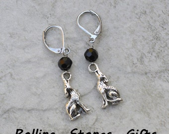 Wolf Earrings, Jet Black Crystal Beads, Surgical Steel, Leverback Earrings, Wolf Leverbacks, Silver Wolf Earrings, Surgical Steel Leverbacks