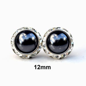 12mm Black Pearl and Silver Rhinestone Stud Earrings, Black Pearl Halo Crystal Studs, Bridal Earrings, Wedding Pearl Studs