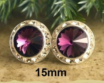 15mm Amethyst & Silver Surrouds Rhinestone Stud Earrings, Large Purple Crystal Halo Studs