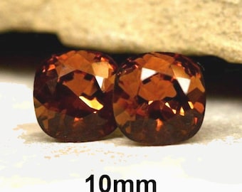 Smoked Topaz Crystal cushion cut Earrings, 10mm brown crystal Studs