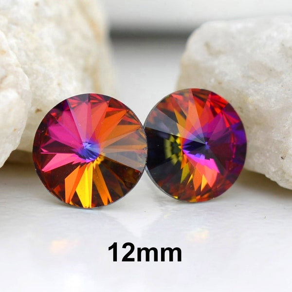 Volcano 12mm Studs, Rivoli Rhinestone Stud Earrings, Large Volcano Crystal Studs, Color Changing Rivoli Crystal Stud Earrings