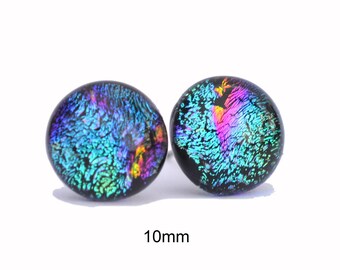 Rainbow fused glass earrings, 10mm rainbow dichroic glass studs, #2047