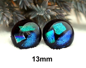 Fused Glass earrings, handmade 13mm Black fused glass studs, dichroic glass studs, #170