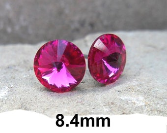 Fuchsia 8.4mm Rivoli Rhinestone Stud Earrings, Fuchsia Crystal Rivoli Studs, Hot Pink Crystal Studs